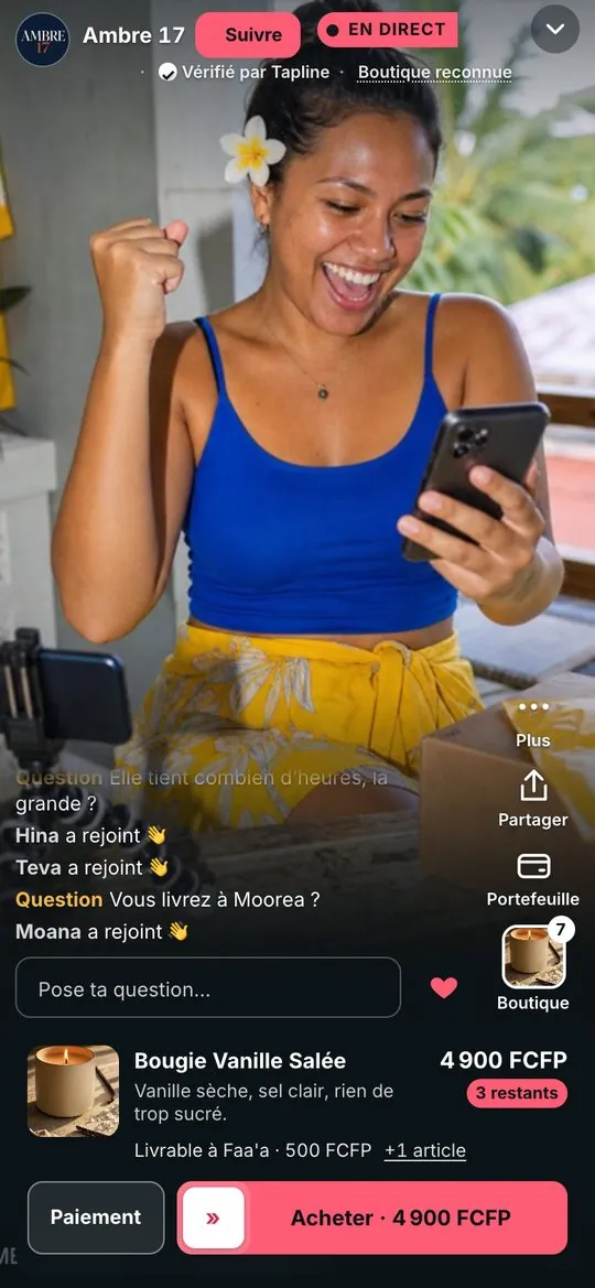 Le direct d'une boutique, vu par un client : la vendeuse, les questions et le bouton Acheter
