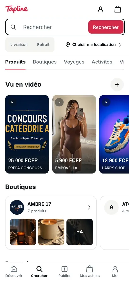 L'accueil de Tapline avec les produits vus en vidéo et les boutiques