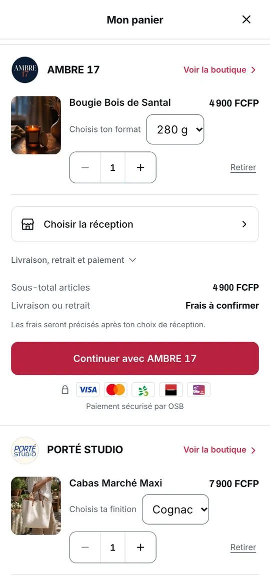 Un panier avec des articles de deux boutiques