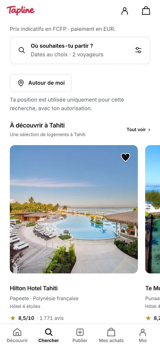 La page Voyage de Tapline